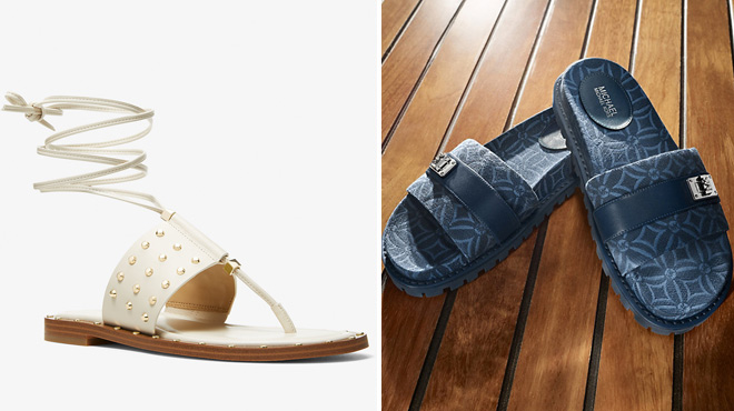 Michael Kors Studded Sandalson the Left Jacquard Slide Sandals on the Right Michael Kors Studded Sandalson the Left Jacquard Slide Sandals on the Right