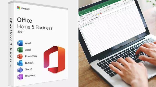 Microsoft Office 2021 Home Business License on the Left and a Laptop on the Right