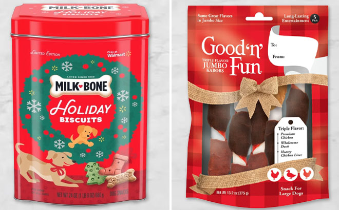 Milk Bone Holiday Dog Biscuits and Good n Fun Holiday Jumbo Kabob Dog Treats