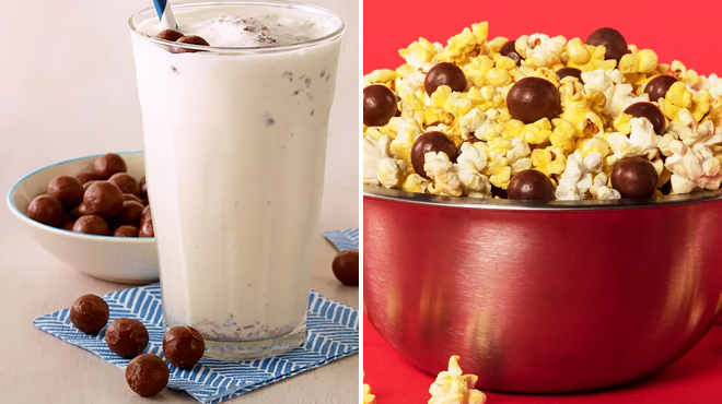 Milkshake with Whoppers Malted Milk Balls on the Left and a Bowl of Popcorn with Whoppers on the Right