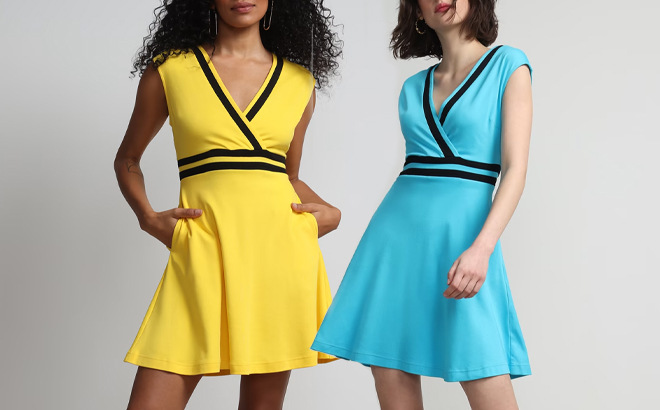 Models Wearing New York & Company Colorblock Accent Wrap Dress