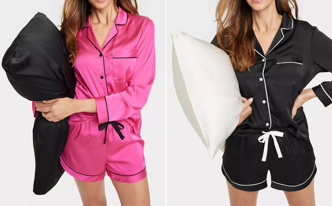 Models Wearing Stars Above Womens 3 Piece Satin Pillow Case and Pajama Set