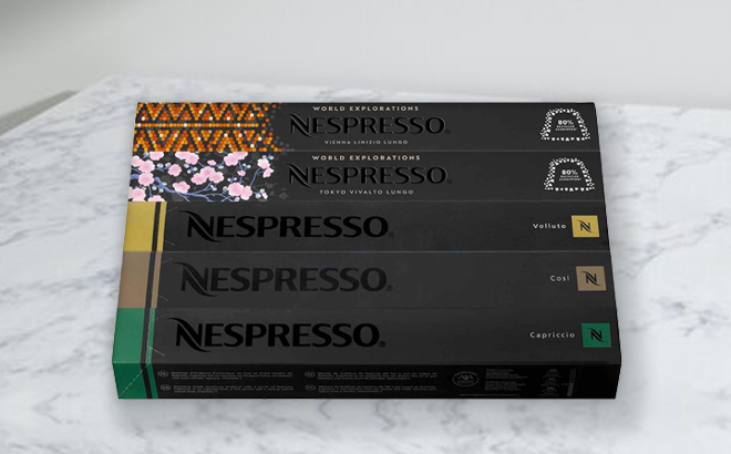Nespresso 50 Count Mild Roast Capsules OriginalLine Blend Variety Pack on a Table