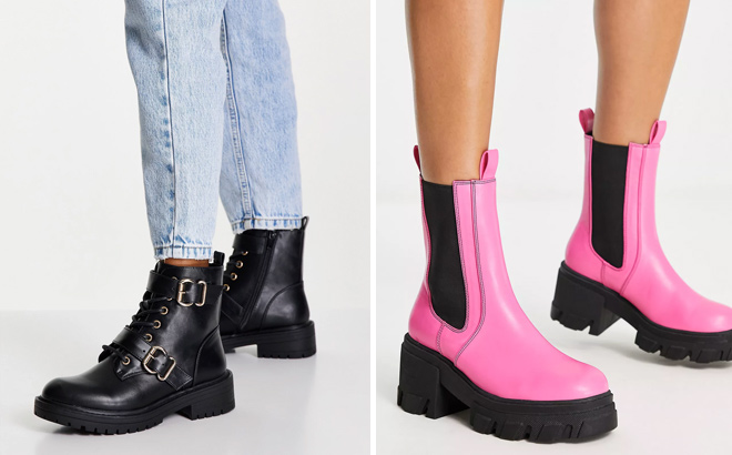 New Look buckle detail lace up flat boot in black and Daisy Street slit sole chunky ankle boots in hot pink New Look buckle detail lace up flat boot in black and Daisy Street slit sole chunky ankle boots in hot pink
