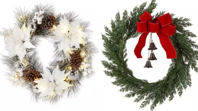 North Pole Trading Co Red Flowers and Led Cedar With Bells Indoor Christmas Wreath