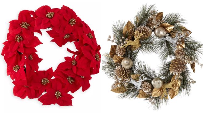 North Pole Trading Co Red Poinsettia and Gold Reindeer Indoor Christmas Wreath