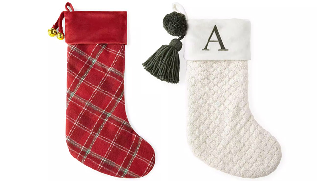 North Pole Trading Co Red Tartan Plaid Christmas Stocking and Ivory Knit Monogram Christmas Stocking