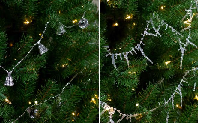 Northlight Jingle Bell beaded Christmas Garland and Unlit Clear Iridescent Icicle Beaded Artificial Christmas Garland
