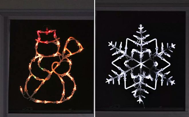 Northlight Lighted Snowman Christmas Window Decoration and Lighted Snowflake Christmas Window Decoration
