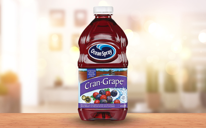 Ocean Spray Juice Cranberry Grape Bottle on a Wooden Table