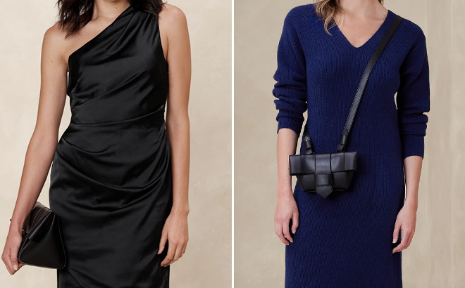 One Shoulder Satin Knee Length Dress and V Neck Midi Sweater Dress