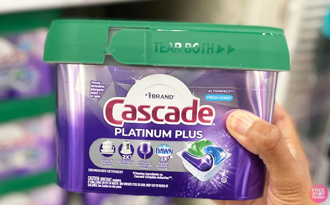 Person Holding the CascadePlatinum Plus Dishwasher Pods