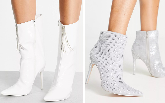 Public Desire Quince high ankle boots with embellished front in white patent and Public Desire Verona ruched rhinestone heeled ankle boots in silver Public Desire Quince high ankle boots with embellished front in white patent and Public Desire Verona ruched rhinestone heeled ankle boots in silver