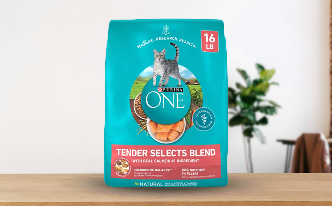 Purina One Tender Selects Dry Cat Food on a Wooden Table