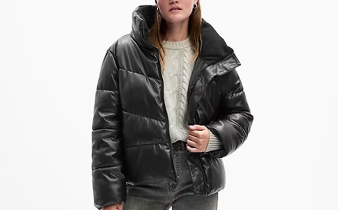 Relaxed Vegan Leather Puffer Jacket