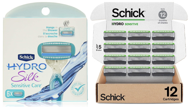 Schick 6 Count Hydro Silk Womens Razor Blade Refills and Schick 12 Count Hydro Sensitive Mens Razor Refills