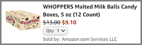Screenshot of Whoppers Malted Milk Balls Candy Boxes 12 Count Discounted Price at Amazon Checkout