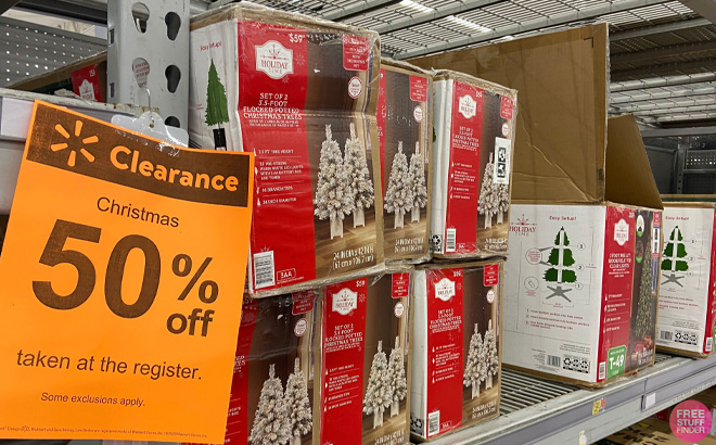 Set of 2 Pieces Flocked Potted LED Christmas Trees on Shelf at Walmart