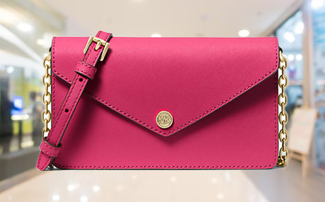Small Saffiano Leather Envelope Crossbody Bag in Pink 1