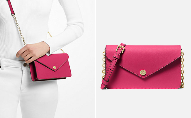 Small Saffiano Leather Envelope Crossbody Bag in Pink 2