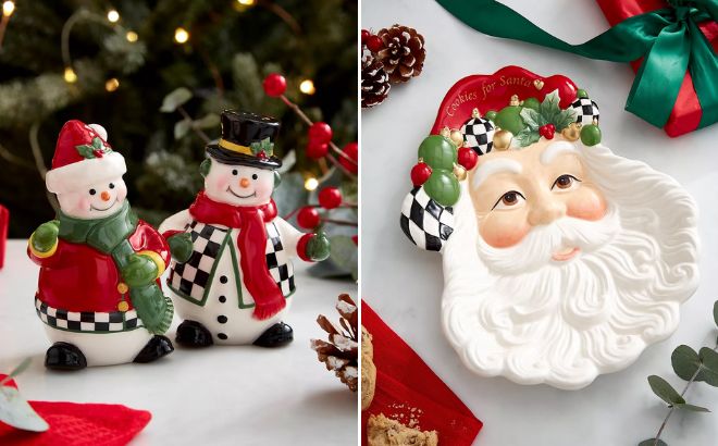 Spode Christmas Tree Black and White Snowperson Salt Pepper and Christmas Tree Black and White Santa Plate