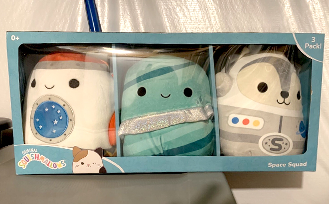 Squishmallows Kellytoy Plush Space Value 3 Pack Box on a Chair
