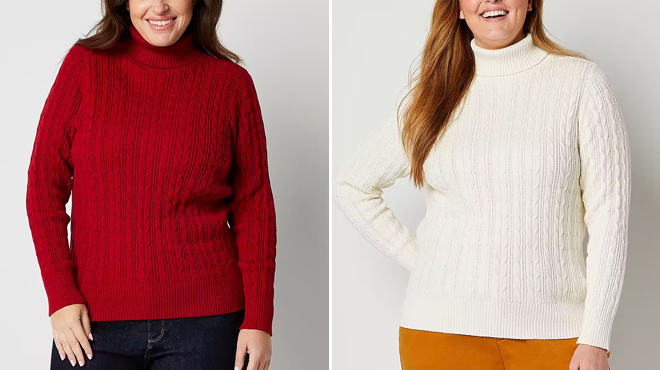 St Johns Bay Plus Womens Turtleneck Long Sleeve Cable Knit Pullover Sweater