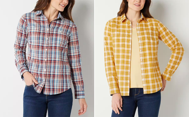 St Johns Bay Womens Long Sleeve Regular Fit Button Down Shirts