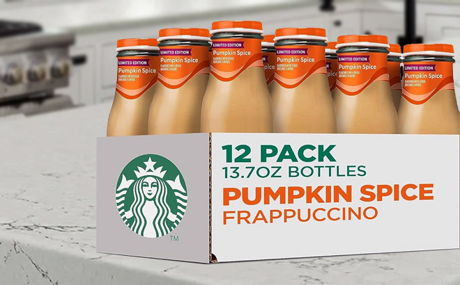 Starbucks Frappuccino Pumpkin Spice 12 Pack with 13 7 oz bottles on Kitchen Countertop