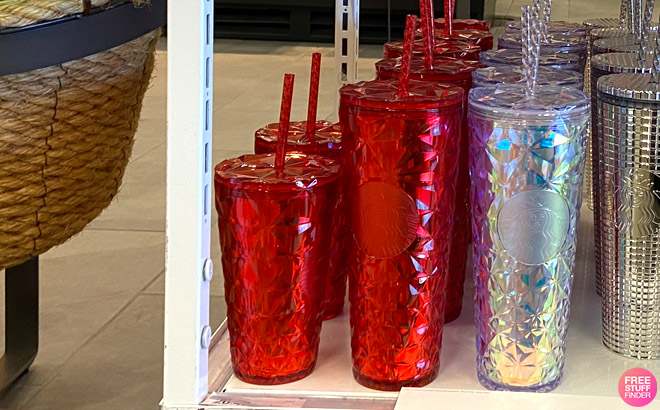 Starbucks Poinsettia Red Prism Cold Cup on a Store Shelf