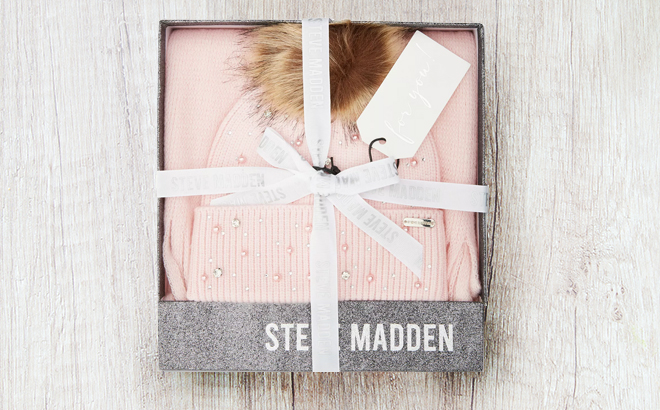 Steve Madden Womens Embellished Scarf Beanie Boxed Gift Set