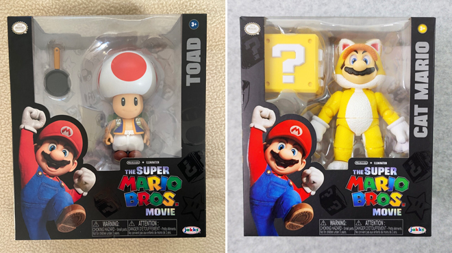 Super Mario Movie 5 inch Toad Action Figure with Frying Pan Accessory and Super Mario Bros Movie 5 Inch Cat Mario Action Figure with Question Box Accessory Super Mario Movie 5 inch Toad Action Figure with Frying Pan Accessory and Super Mario Bros Movie 5 Inch Cat Mario Action Figure with Question Box Accessory