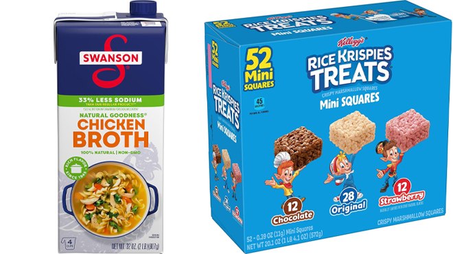 Swanson Natural Goodness Chicken Broth 32 oz and Rice Krispies Mini Squares 52 Count