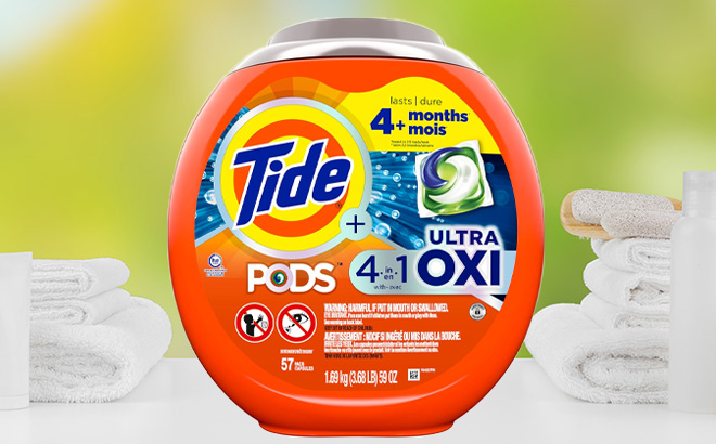 Tide Pods Liquid Laundry Detergent Soap on Bathroom Background