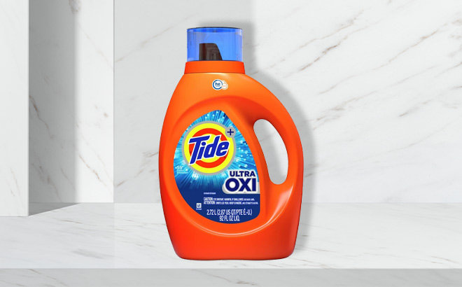 Tide Ultra Oxi Laundry Detergent Liquid Soap in Bathroom
