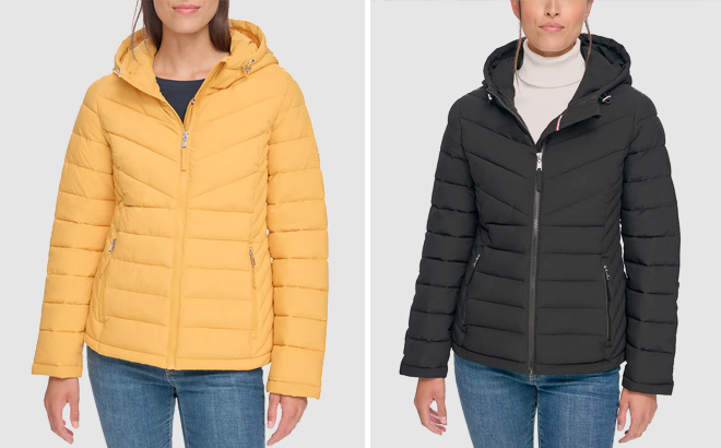Tommy Hilfiger Womens Mineral Yellow and Black Hooded Puffer Coat