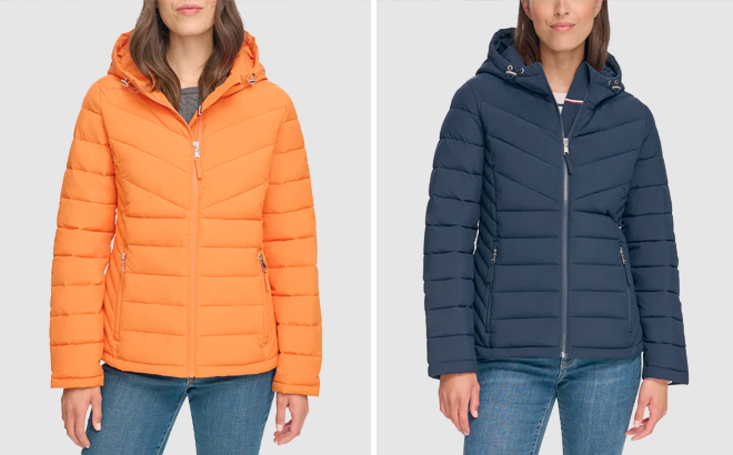 Tommy Hilfiger Womens Pumpkin and Navy Hooded Puffer Coat