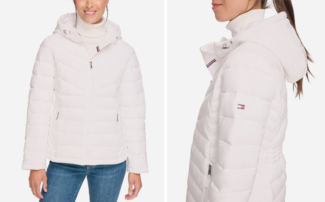 Tommy Hilfiger Womens White Hooded Puffer Coat