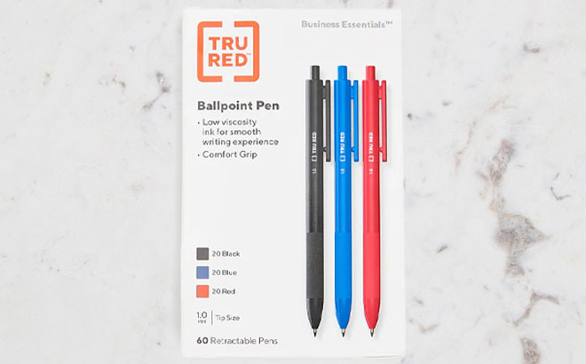 Tru Red Ballpoint Gripped Retractable Pens 60 Pack on a Marbled Table