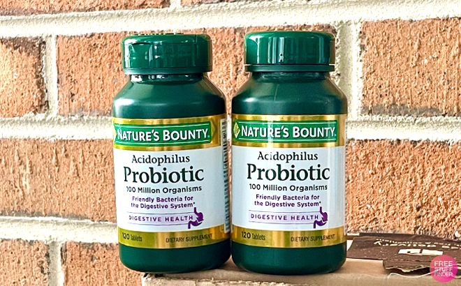 Two 120 Count Bottles of Natures Bounty Probiotic Supplement on an Amazon Box