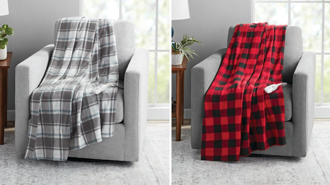 Two Colors of Mainstays Fleece Electric Heated Throw Blanket