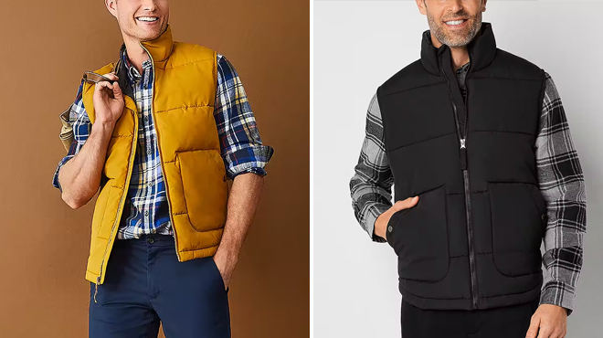 Two Colors of St Johns Bay Quilted Cargo Mens Puffer Vest