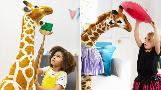 Two Images of A Girl Playing with Melissa Doug Giant Giraffe Stuffed Animal