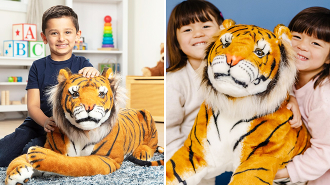 Two Images of Kids with Melissa Doug Giant Tiger Stuffed Animal