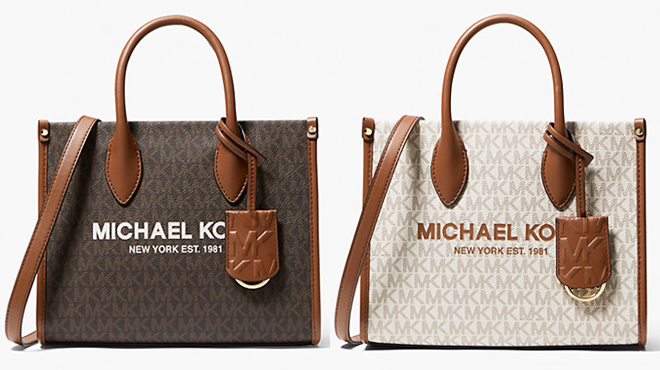 Two Michael Kors Outlet Mirella Small Logo Crossbody Bags in Brown on the Left and Vanilla on the Right
