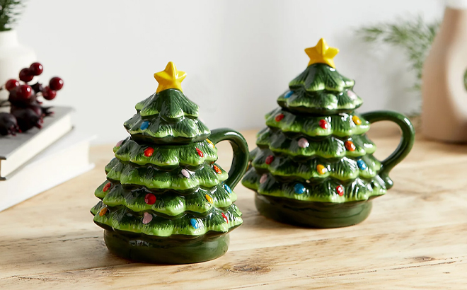 Two Set of Mr Christmas Ceramic Decorative Christmas Tree Lidded Mugs