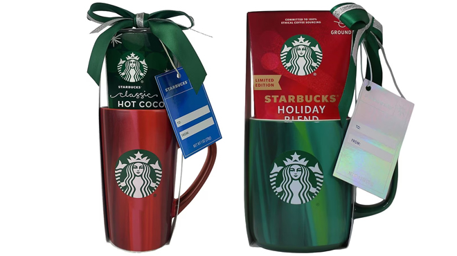 Two Starbucks Holiday Gift Sets Ceramic Mugs and Hot Cocoa