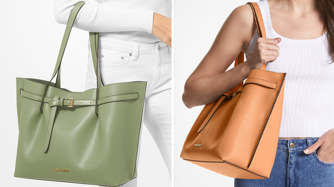 Two Women Wearing Michael Kors Emilia Large Pebbled Leather Tote Bags