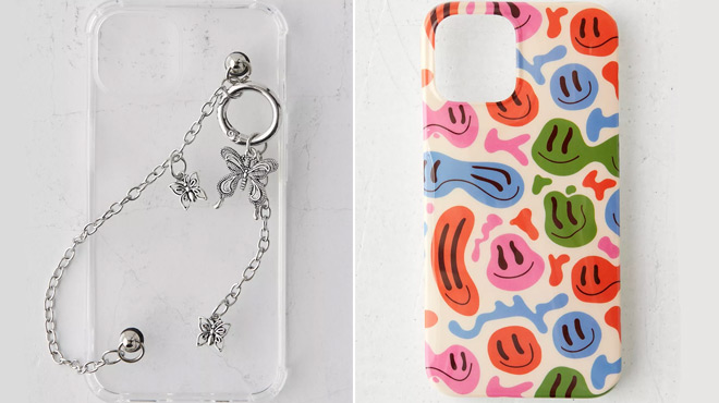 UO Butterfly Sling iPhone Case on the left and UO Wonky Faces iPhone Case on the right