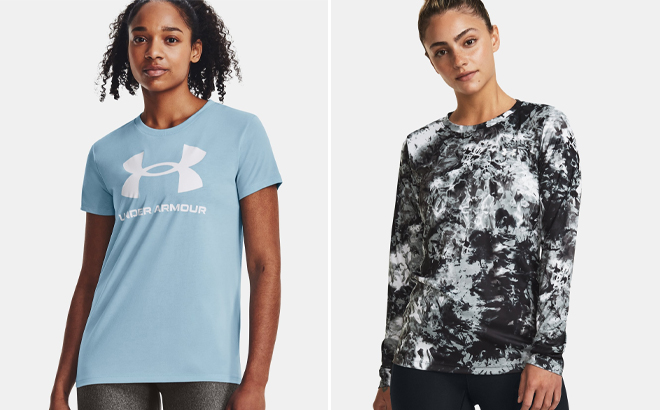 Under Armour Womens Sportstyle Short Sleeve Graphic Tee and UA Velocity Printed Long Sleeve Shirt